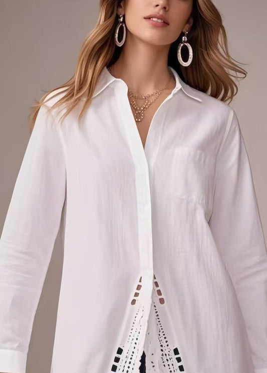 Plus Size White Oversized Hollow Out Cotton Long Shirts Spring