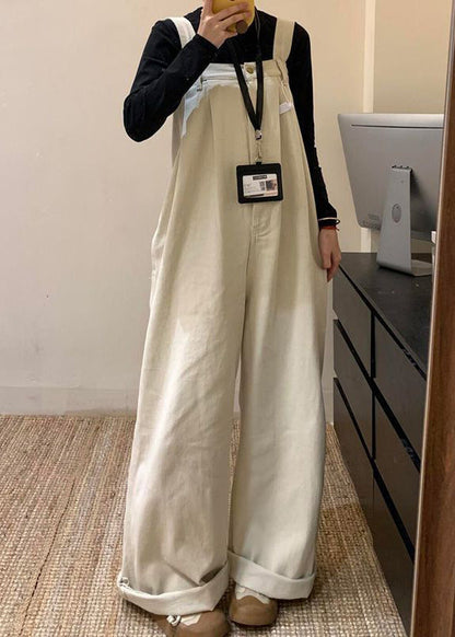 Beige Solid Denim Wide Leg Jumpsuit High Waist Summer