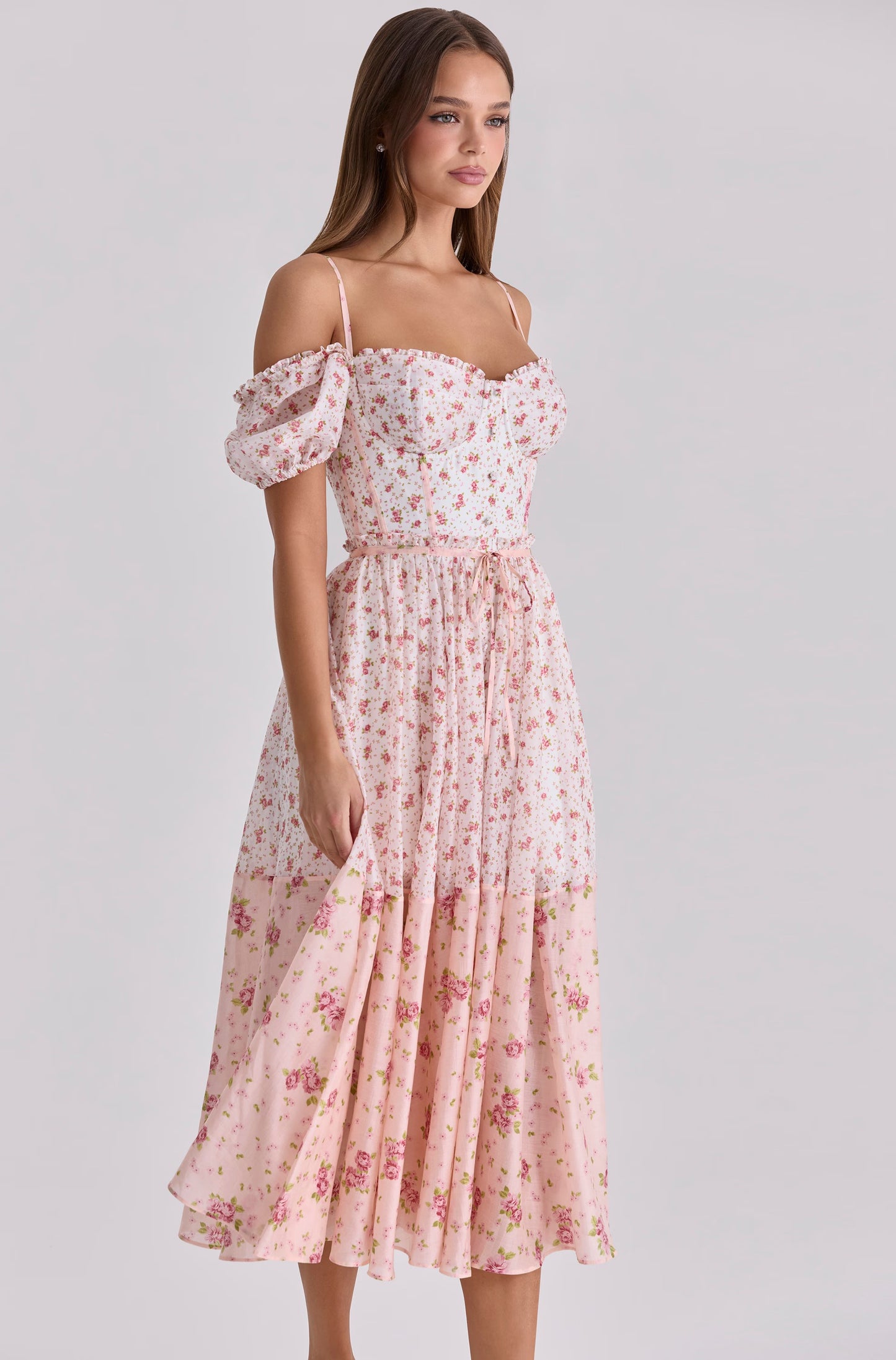 Pink Floral Print Off-Shoulder Puff Sleeve Tiered Midi Dress