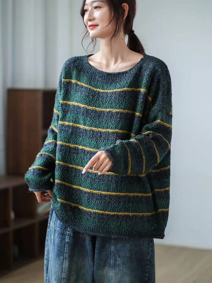 Women Striped Long Sleeve Vintage Loose Sweater