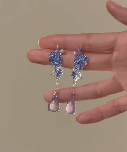 Chic Blue Sterling Silver Pearl Cloisonne Enamel Water Drop Tassel Drop Earrings