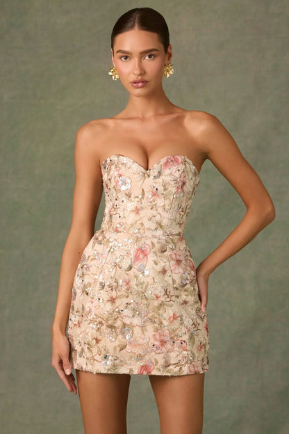Embellished Strapless A-Line Mini Dress In Floral Beige