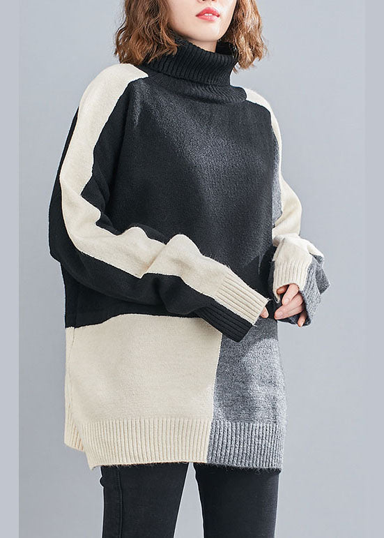 Stylish Black Turtle Neck Patchwork Knit Knit Pullover