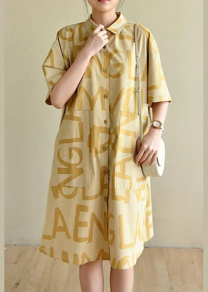 Casual Yellow Cinched Peter Pan Collar Cotton Dress Graphic Dress