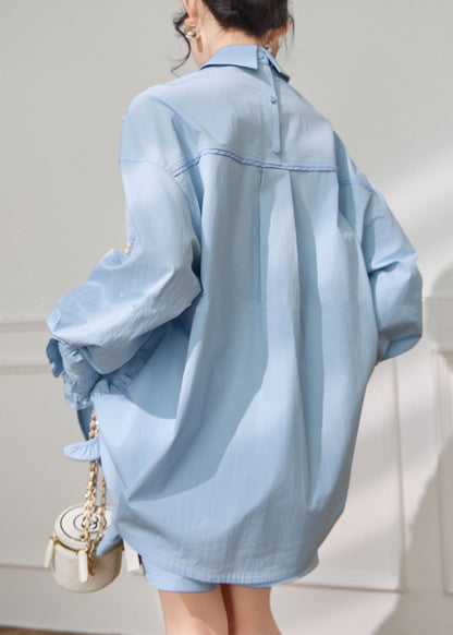 Plus Size Blue Ruffled Sequins Shirts And Shorts Cotton Two Pieces Set