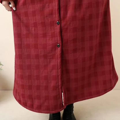 Thick Retro Cotton Linen Plaid Long Coat Dress