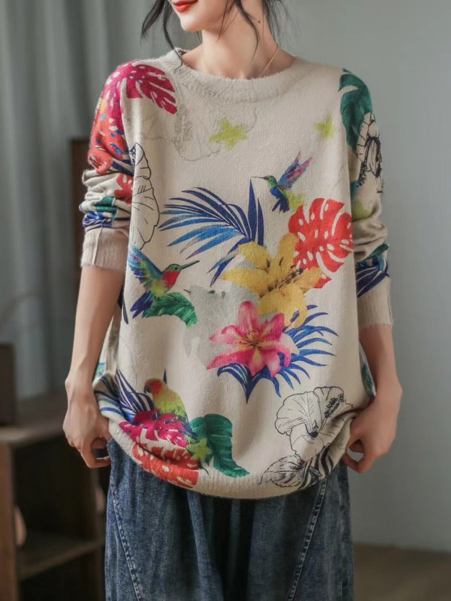 Women Long Sleeve Print Loose Casual Sweater