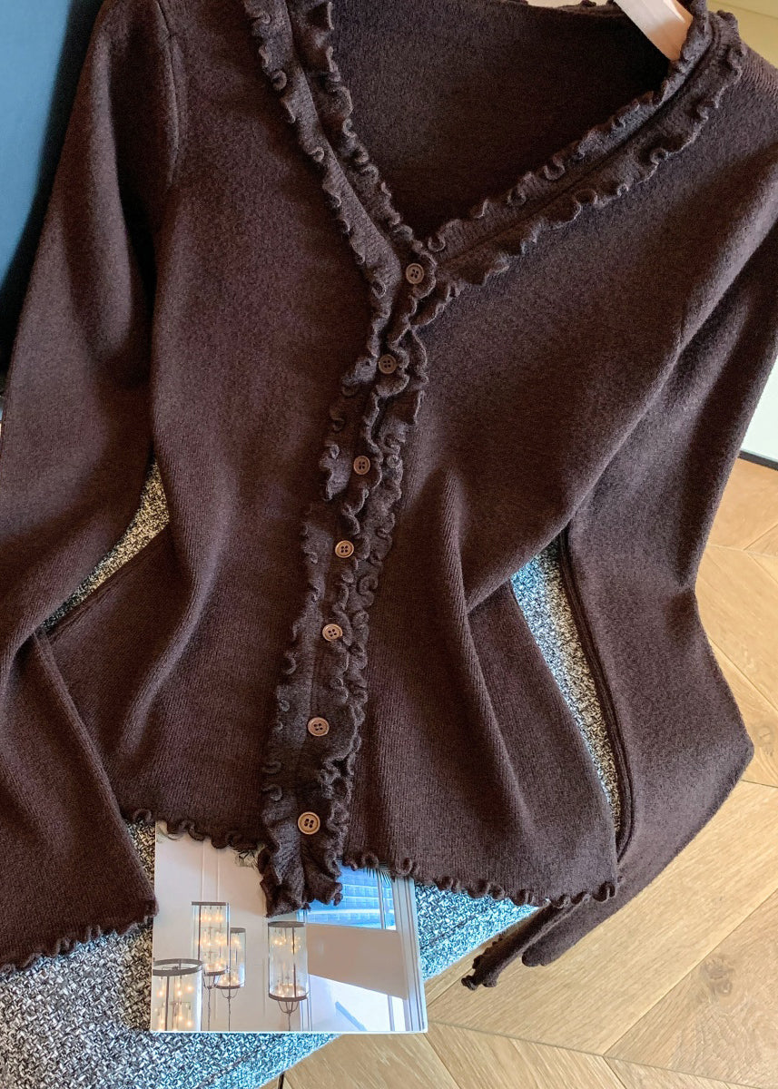 Coffee Button Solid Knit Fall Sweater Ruffled