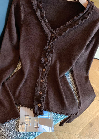 Coffee Button Solid Knit Fall Sweater Ruffled