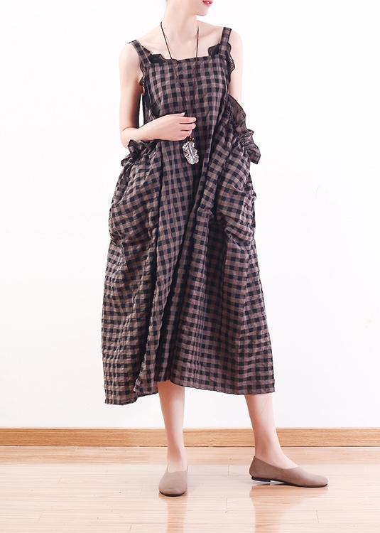 French gray Plaid cotton Long Shirts Omychic design Spaghetti Traveling Summer Dresses