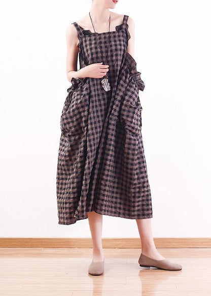 French gray Plaid cotton Long Shirts Omychic design Spaghetti Traveling Summer Dresses