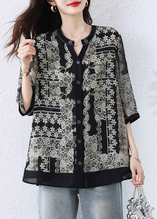 Casual Black O-Neck Print Button Shirts Fall
