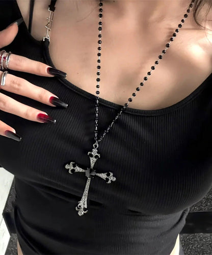 Fashion Black Metal Zircon Beads Cross Gratuated Bead Necklace