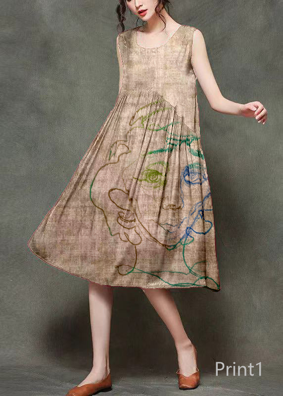 Casual Wine Print3 O-Neck Wrinkled Long Dresses Sleeveless