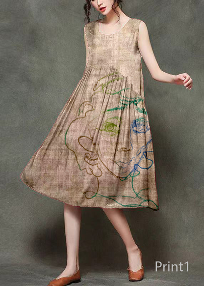 Casual Wine Print5 O-Neck Wrinkled Long Dresses Sleeveless