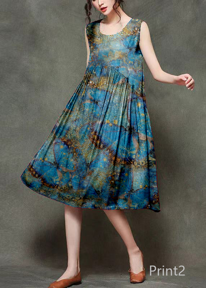 Casual Wine Print7 O-Neck Wrinkled Long Dresses Sleeveless