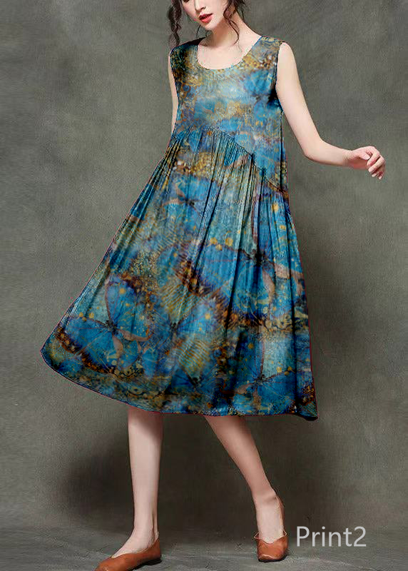 Casual Wine Print4 O-Neck Wrinkled Long Dresses Sleeveless