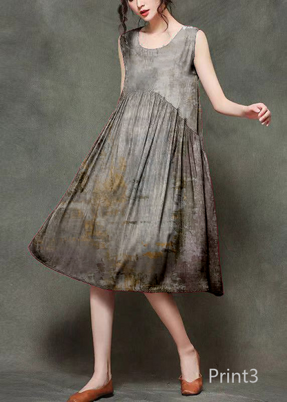 Casual Wine Print2 O-Neck Wrinkled Long Dresses Sleeveless