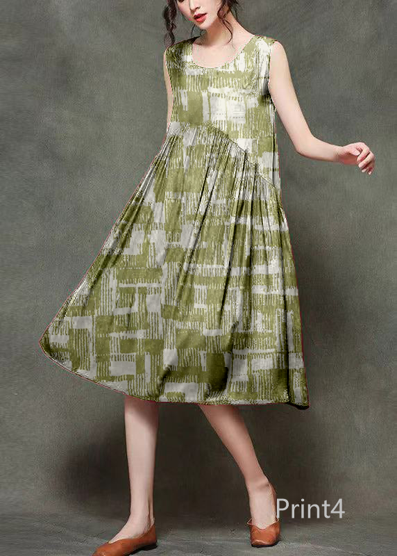 Casual Wine Print2 O-Neck Wrinkled Long Dresses Sleeveless