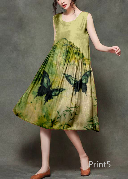 Casual Wine Print1 O-Neck Wrinkled Long Dresses Sleeveless