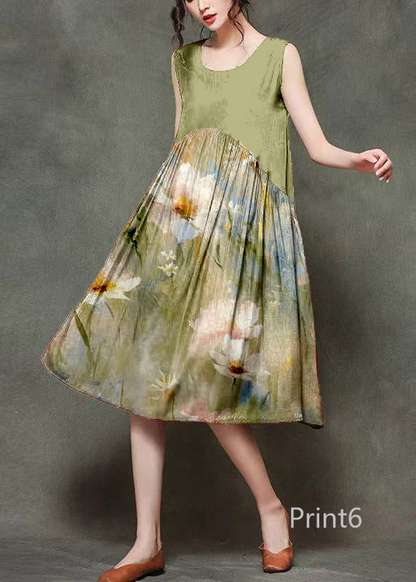 Casual Wine Print4 O-Neck Wrinkled Long Dresses Sleeveless