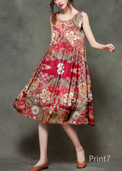 Casual Wine Print7 O-Neck Wrinkled Long Dresses Sleeveless