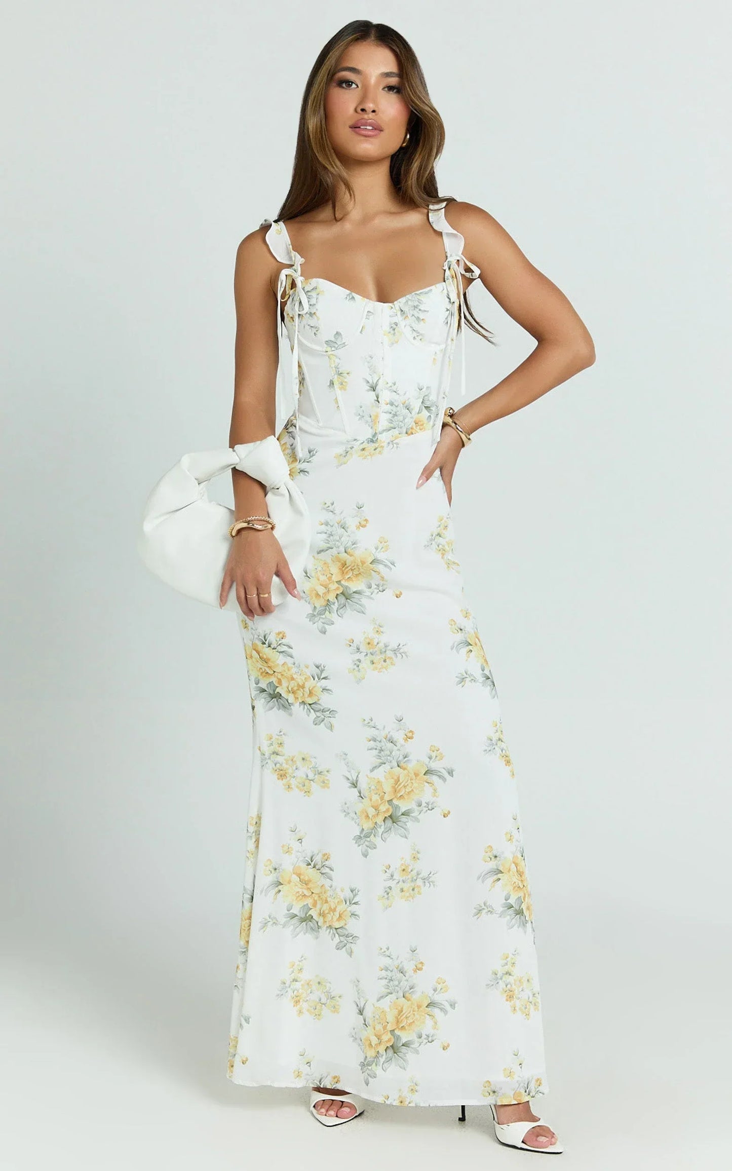Mabel Maxi Dress - Georgette Frill Sleeve Sweetheart Bias Cut Dress In Antique Florals