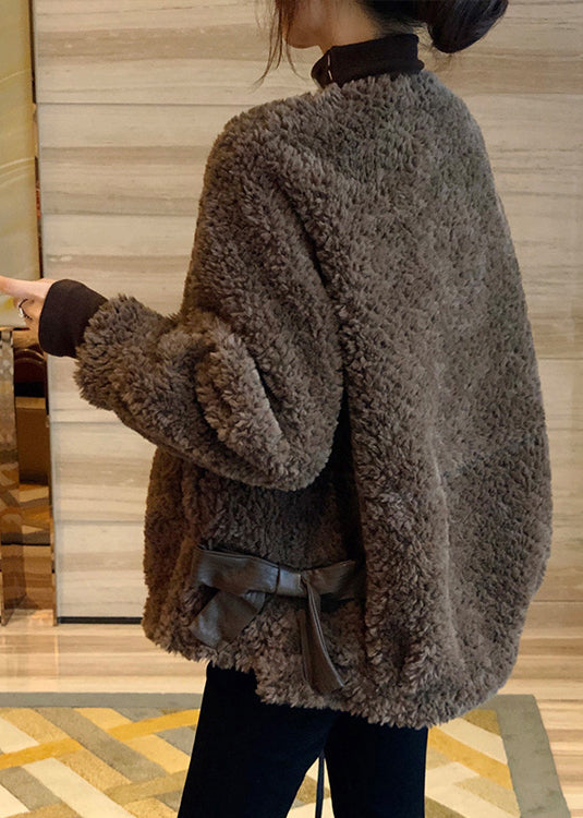 Vogue Coffee O-Neck Button Thick Faux Fur Coat Fall