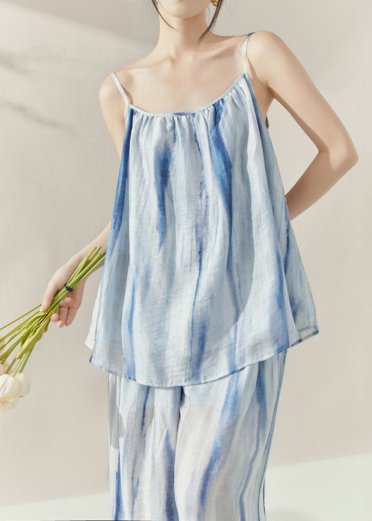 Beach Blue Tie Dye Cotton Vest And Wide Leg Pants Two Pieces Set Summer