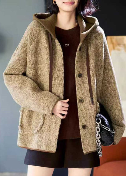 Loose Khaki Patchwork Pockets Button Woolen Hooded Coats Spring