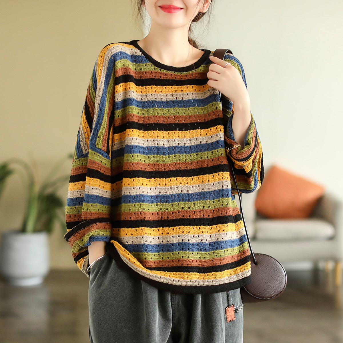 Women Autumn Color Matching Stripe Knitted Sweater