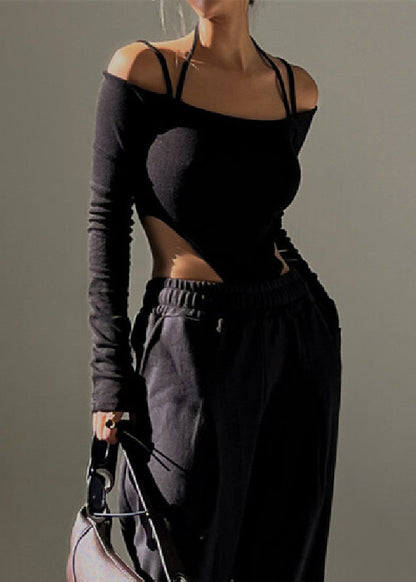 Chic Black Cold Shoulder Halter Cami Bodysuit