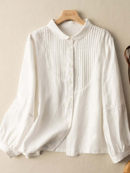100% Linen Pleated Long Sleeve Casual Shirt In Solid Color