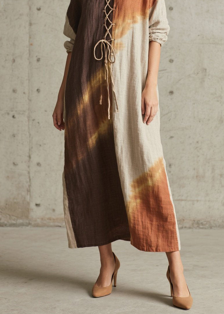 Chic Colorblock O Neck Lace Up Cotton Long Dress Fall