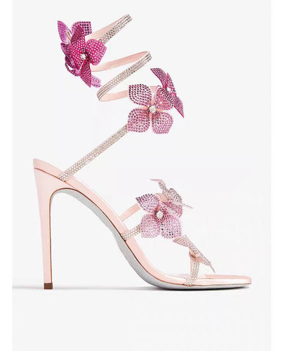 Sandals Stiletto Faux Leather Boutique Splicing Floral Zircon