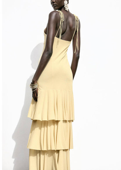 Chic Yellow Ruffled Patchwork Chiffon Spaghetti Strap Dress Summer