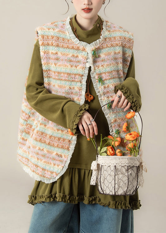 Coffee Patchwork Button Faux Fur Waistcoat Sleeveless