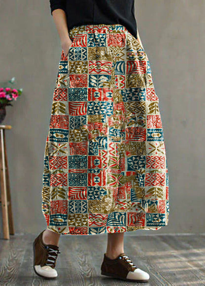 Women Geometry Elastic Waist Patchwork Print Fine Cotton Filled Skirt Winter