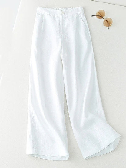 Solid Color Straight Casual High Waist Ninth Linen Pants