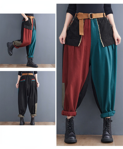 New Literary Plus Size Stitching Denim Harem Pants