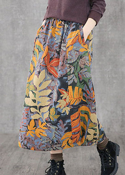 Blue Loose A Line Skirts elastic waist print Spring