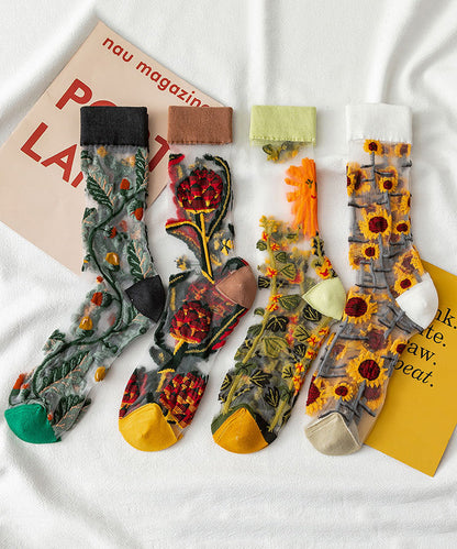 French Style Jacquard Sheer Mesh Mid Calf Socks