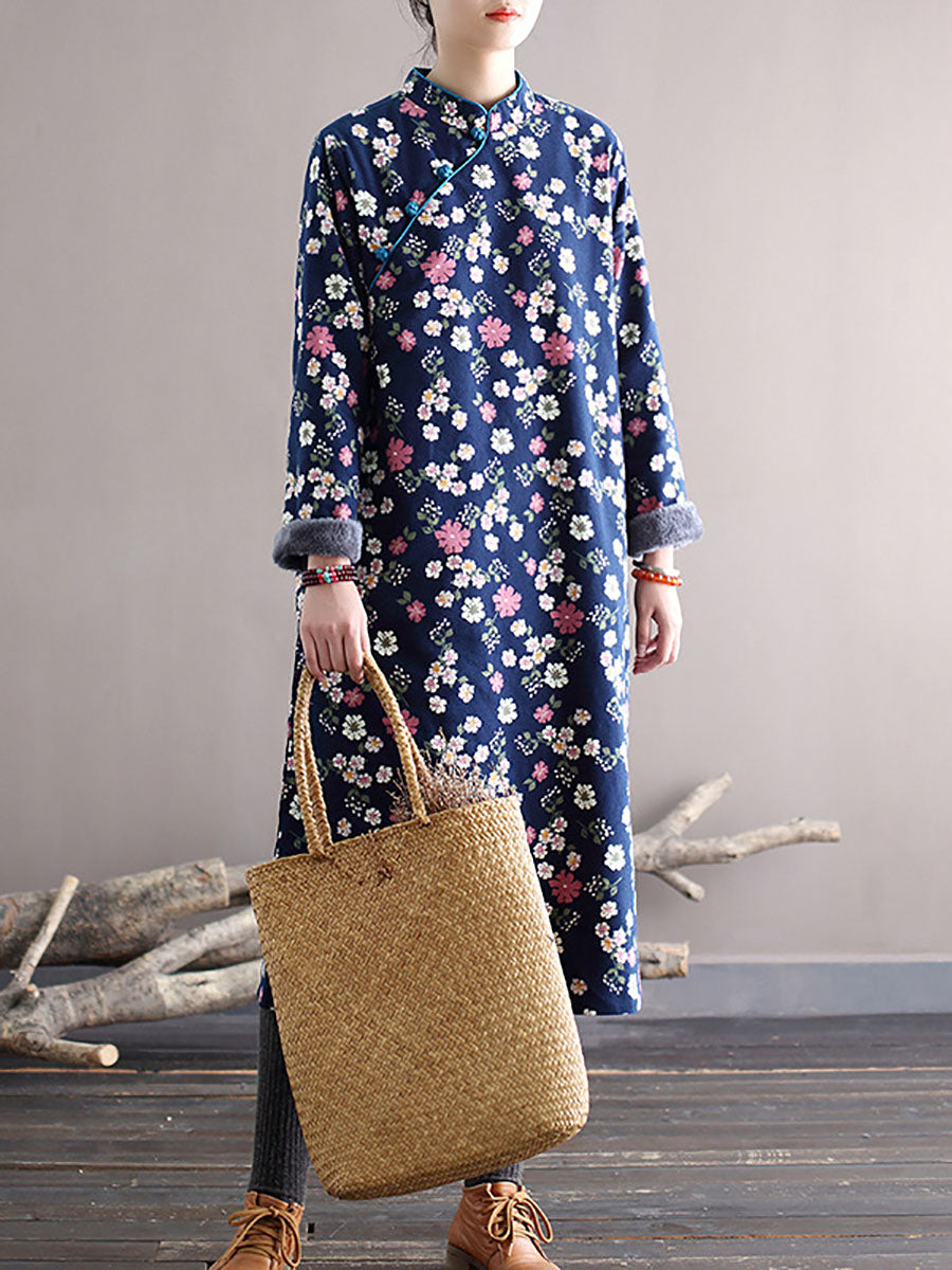 Women Winter Chinese Style Floral Print Frog Thick Dress
