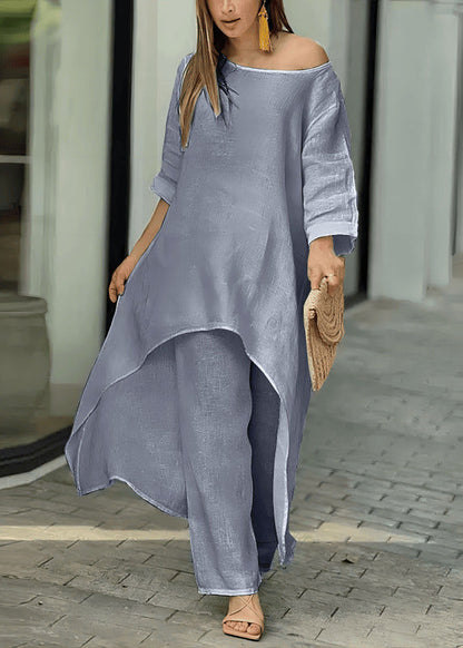 Loose Rose O-Neck Asymmetrical Solid Top And Straight Pants Two Pieces Set Summer