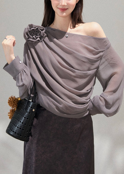 Handmade Grey Cold Shoulder Floral Chiffon Top Fall