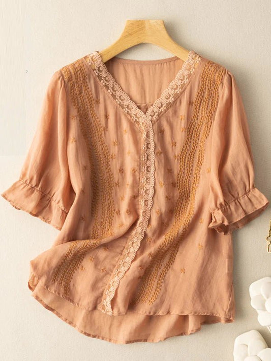 Embroidered V Neck Ruffled Short Sleeve Casual Linen Top