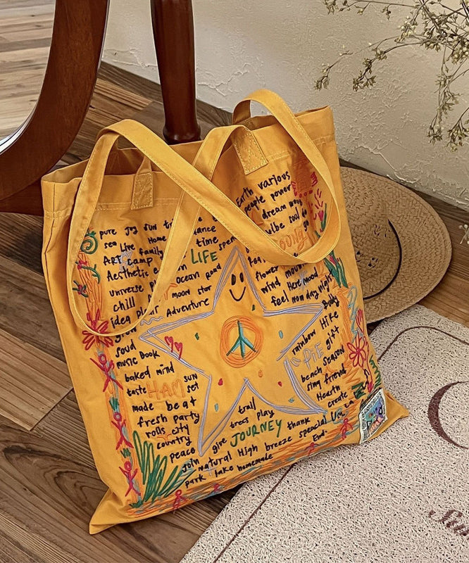 Ethnic Style Yellow Embroidery Star Cotton Shoulder Bags