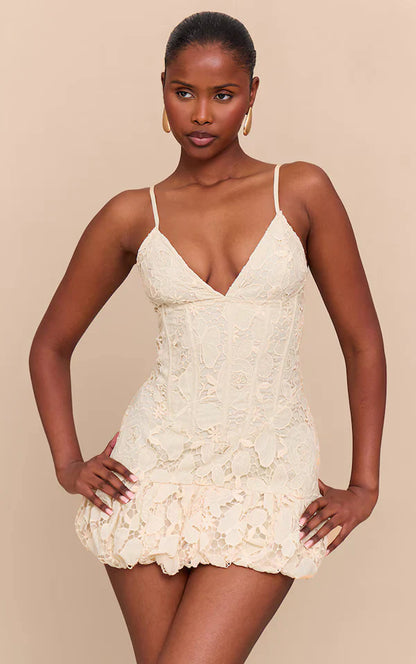 Butter Yellow Floral Cup Detail Extreme Puffball Hem Dress