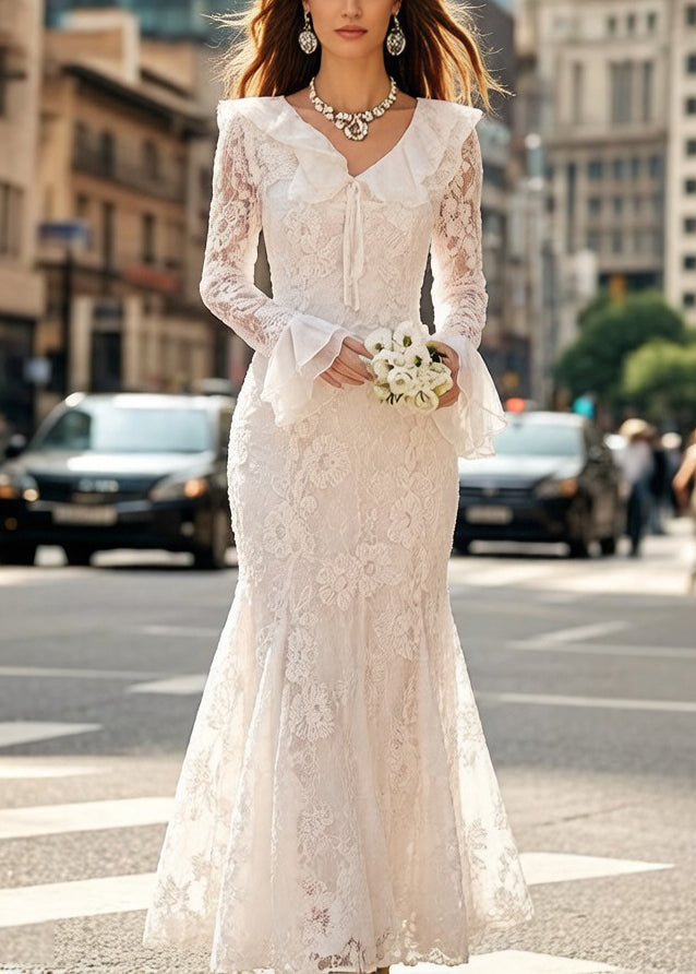 Elegant White Embroidered Lace Up Fish Tail Dress Flare Sleeve