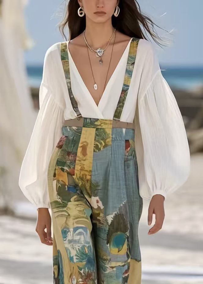 Vintage Sky Blue Print Oversized Cotton Jumpsuit Summer